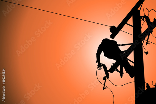 The silhouette power lineman disconnect the cable to replace the defective device that causes power outage. Before returning power to the power user. Background is single line diagram of distribution.