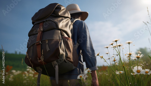 One person hiking outdoors, backpack on, exploring nature landscape generated by AI