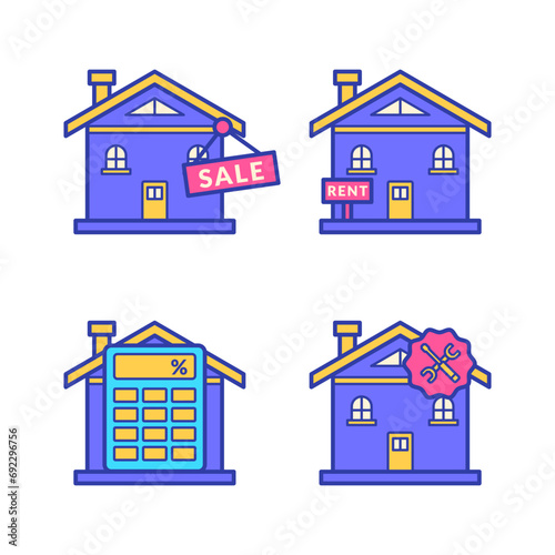 House vector icon, house with sale sign, house mortgage calculator, house rent icon, and house repair icon