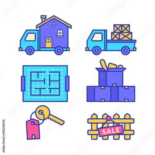 Moving truck, moving house, house moving icon, house key icon