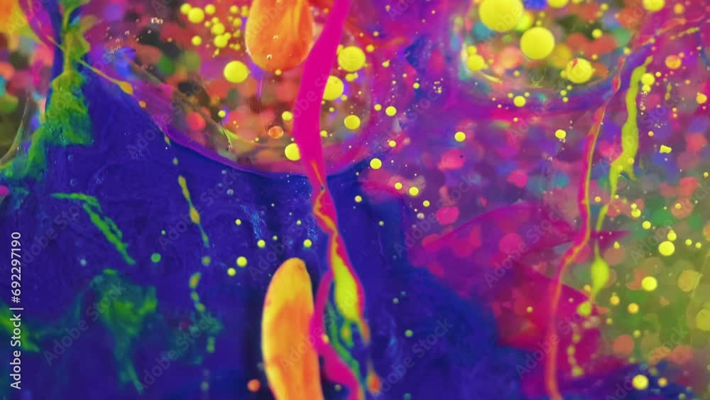 Colorful flow background. Paint blend. Spill art. Fantasy bright yellow red blue pink liquid ink abstract splash mix rotating in water with shiny sequins circles. Colorful flow background. Paint blend. Spill art. Fantasy bright yellow red blue pink liquid ink abstract splash mix rotating in water with shiny sequins circles.