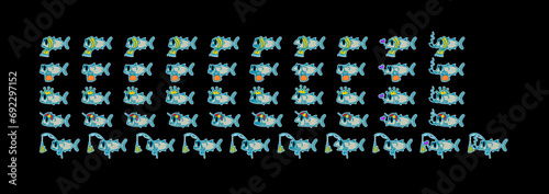 Fish wearing glass combined with other accessories including scarf, bag, crown, hat and fishing rod. Fish character concept in cartoon style, set in various actions and expressions.
