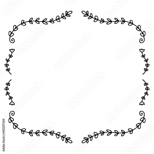 Hand drawn floral square empty frame with simple doodle flowers and leaves. Perfect for sticker, card, poster. Isolated vector illustration.