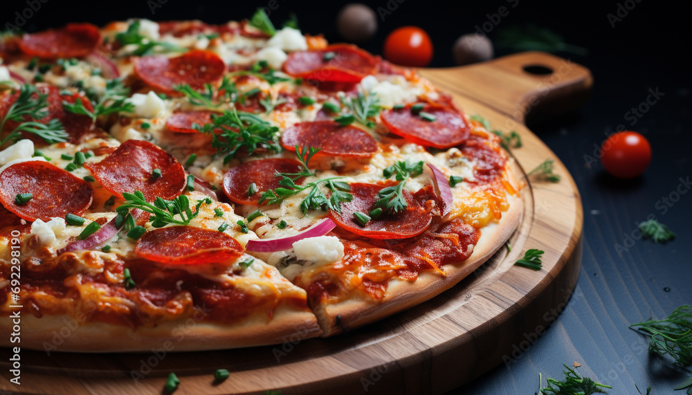 Freshly baked homemade pizza on rustic wooden table generated by AI Freshly baked homemade pizza on rustic wooden table generated by AI