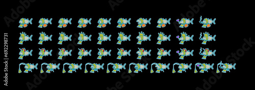 Fish wearing scarf in various expressions including surprised, sad, a smile and angry. Fish character concept in cartoon style, set in various actions and accessories.