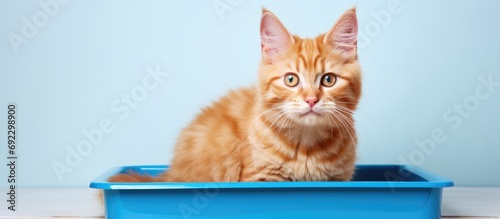 Ginger cat sniffs blue litter tray.