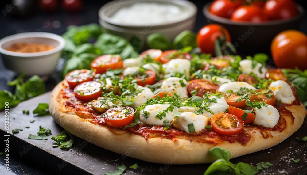 Freshness and flavor on a rustic homemade pizza generated by AI Freshness and flavor on a rustic homemade pizza generated by AI