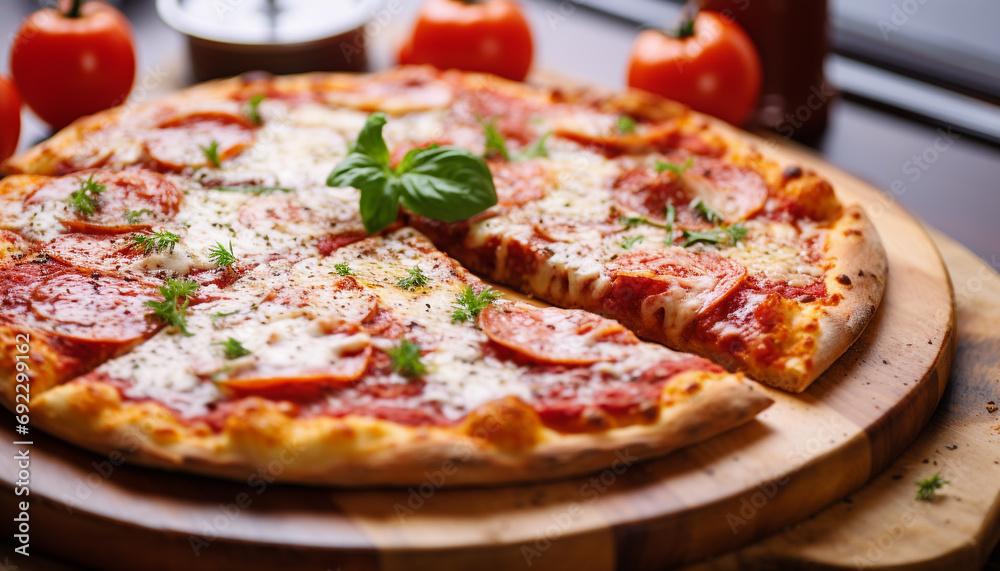 Freshly baked pizza on wooden table, mouthwatering and delicious generated by AI Freshly baked pizza on wooden table, mouthwatering and delicious generated by AI