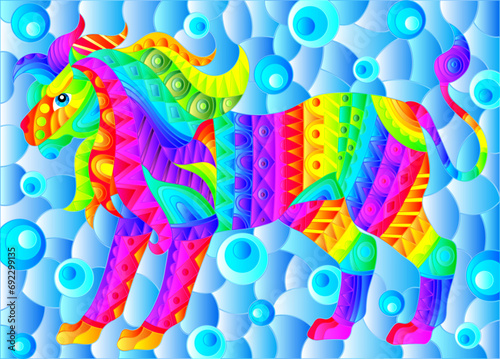 Stained glass illustration with abstract lion, animal on blue background, rectangular image