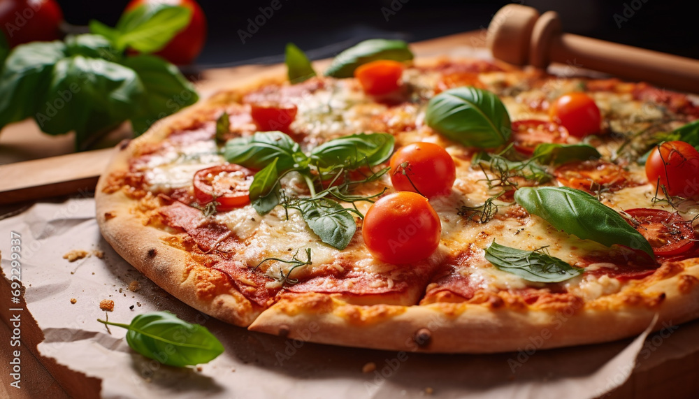 Freshly baked pizza on wooden table, Italian gourmet generated by AI Freshly baked pizza on wooden table, Italian gourmet generated by AI