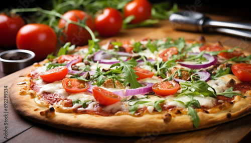 Freshness on table, homemade pizza, gourmet meal generated by AI