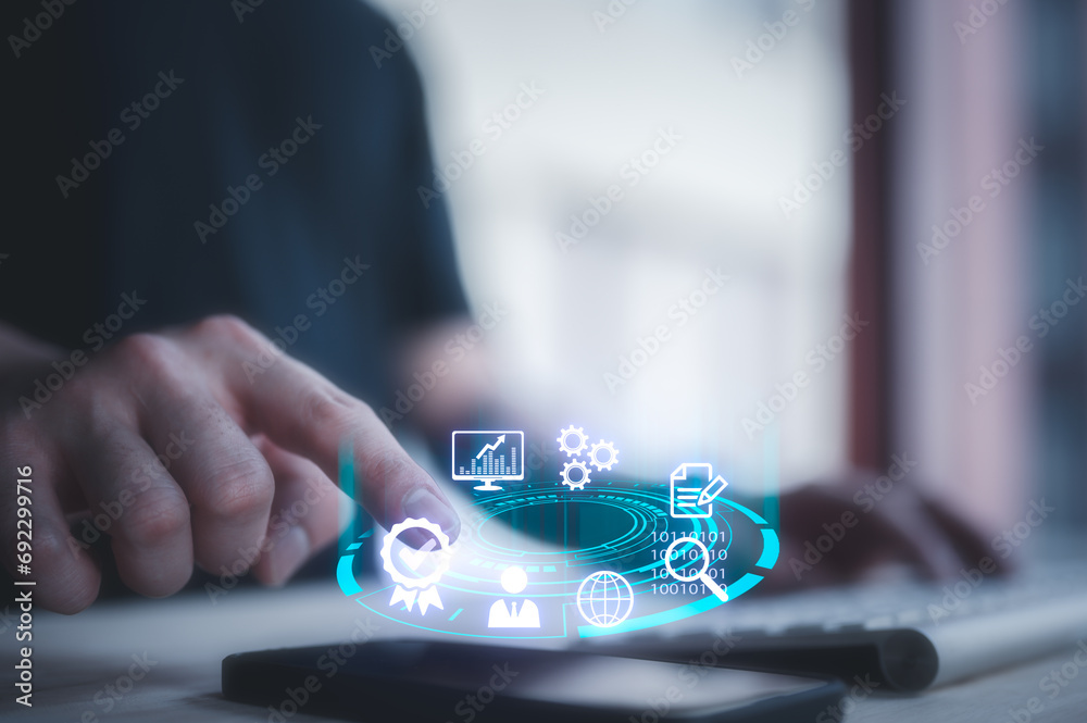 Digital transformation technology strategy, IoT, internet of things concept man using smartphone with icons show ai and technology internet network Digital transformation technology strategy, IoT, internet of things concept man using smartphone with icons show ai and technology internet network