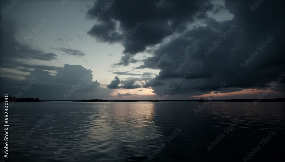 Idyllic sunset over tranquil seascape, with dramatic moody sky generated by AI