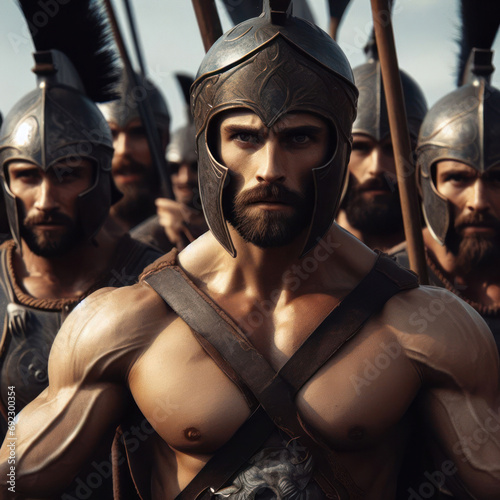 closeup of a strong ancient male warrior leading soldiers for battle
