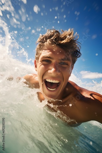 a happy young man enjoying surfing against the backdrop of a blue sea. generative AI © yj