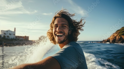a happy young man enjoying surfing against the backdrop of a blue sea. generative AI