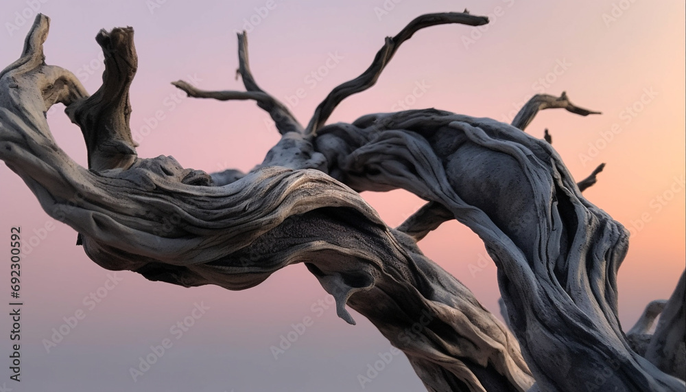 Fototapeta premium Silhouette of a twisted tree branch against a blue sunset generated by AI