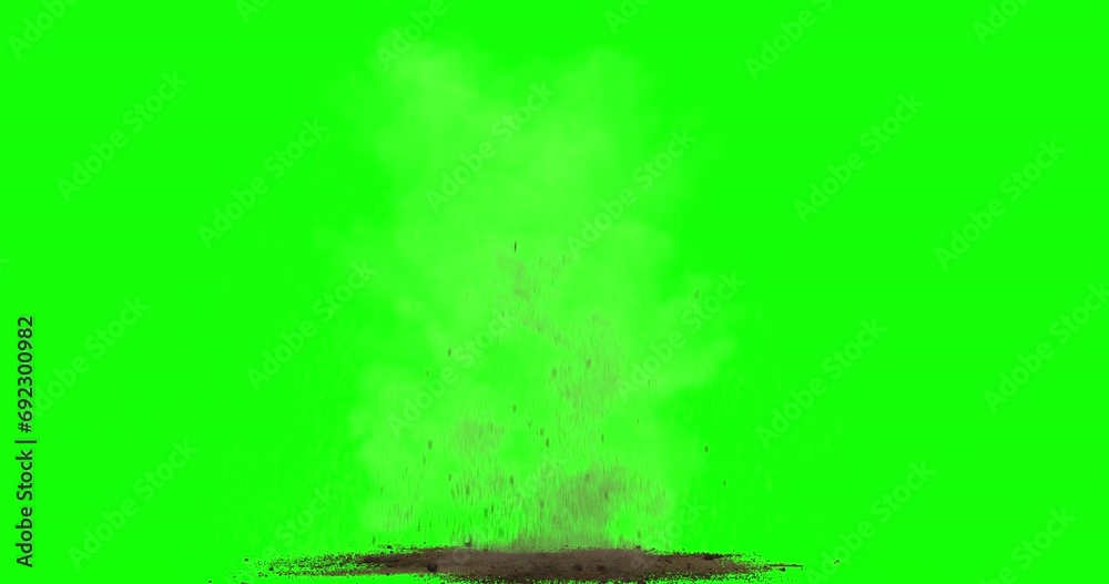 Bullet hit on dirt with chunks and debris flying. Dusty explosion on black background and green screen with alpha channel. Close up. Variations 