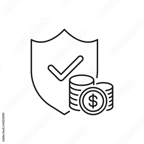 Dollar coins with shield and checkmark. Money protection icon concept isolated on white background. Vector illustration
