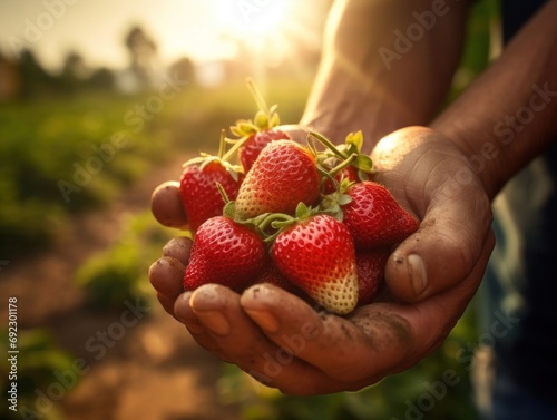 Farmer hands holding fresh strawberries Generative AI