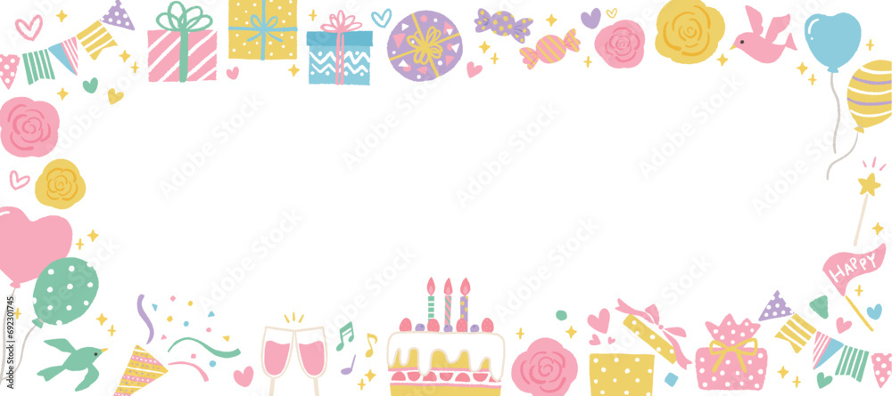 かわいいパーティーグッズのイラストのフレーム　誕生日・記念日・イベント