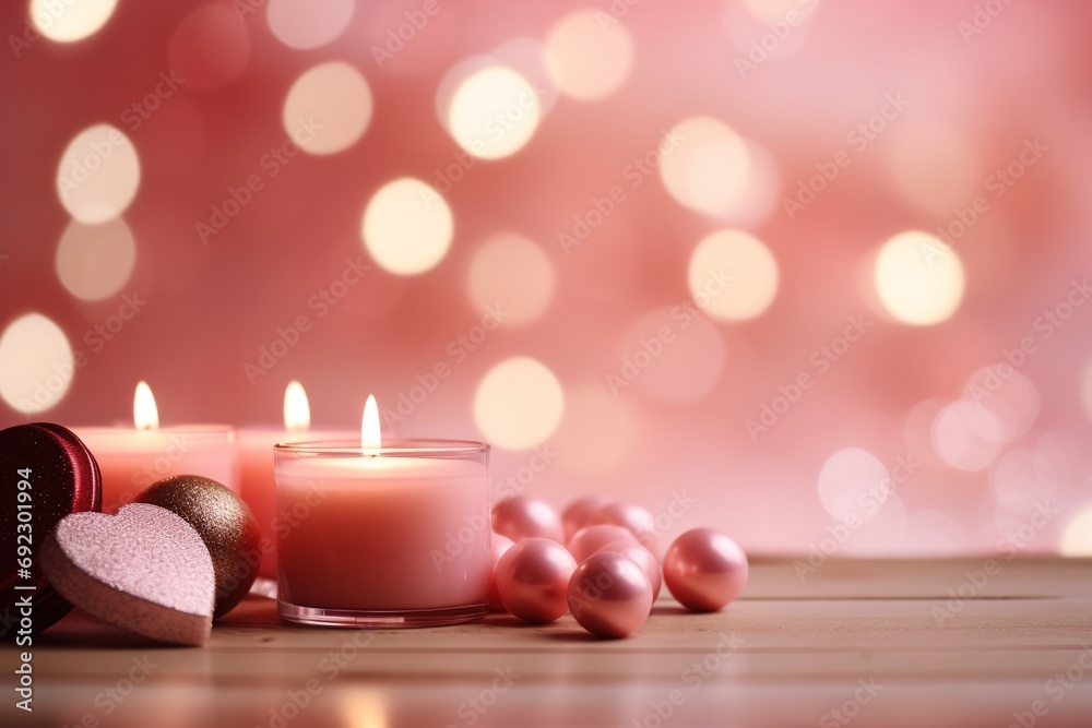 Valentine's Day background with hearts and candles on bokeh background Valentine's Day background with hearts and candles on bokeh background