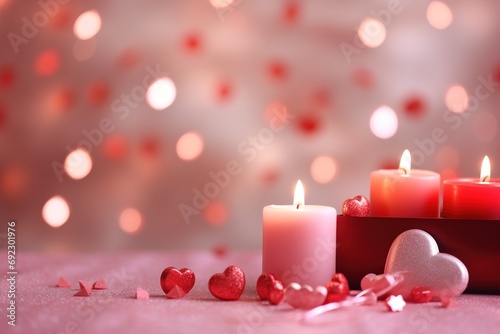 Valentine s Day background with hearts and candles on bokeh background