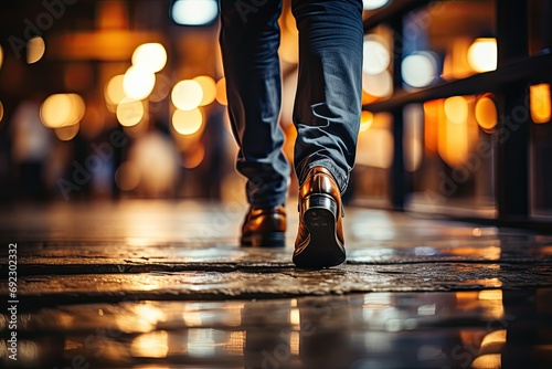 A close-up of the legs of a young businessman walking confidently down the street symbolizes ambition and progress.