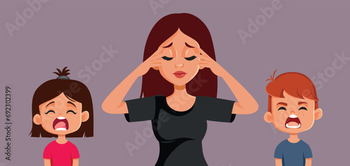 Mom Overwhelmed by her Kids Screaming at Her Vector Illustration. Unhappy spoiled kids feeling unhappy and stressed out 
