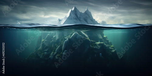 An iceberg beneath the water's surface serves as a symbol of the risks associated with global warming