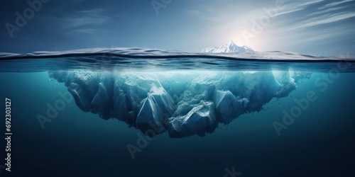 An iceberg beneath the water's surface serves as a symbol of the risks associated with global warming