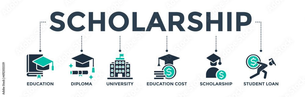 Scholarship banner web icon concept with icons of education, diploma, university, education cost, scholarship, and loan student.  Vector illustration 