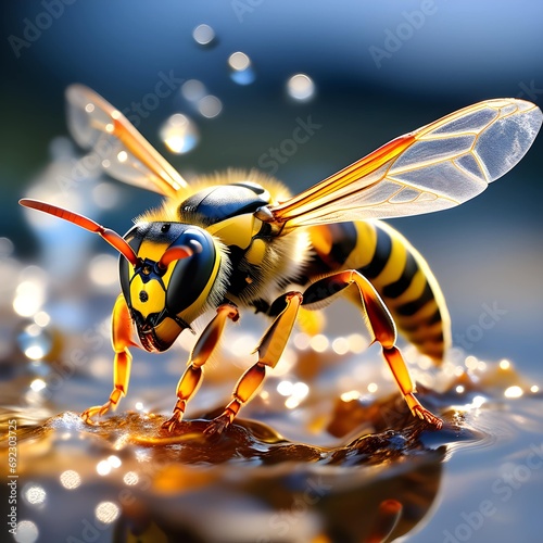 wasp flying in waterplaces. Generative AI. photo