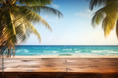 Empty wooden table by the sea  a tropical display of tranquility. Paradise found with a blue sky  palm leaves  and a beautiful ocean view. Is AI Generative.