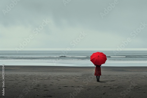 Solitario Refugio: Mujer de espaldas con un Paraguas y un vestido Rojo en una Playa desierta photo