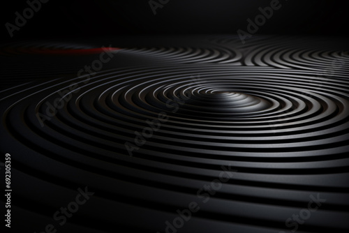 Black Ripple Podium Surface Concentric on Black Background, Abstract 3D for Product Display