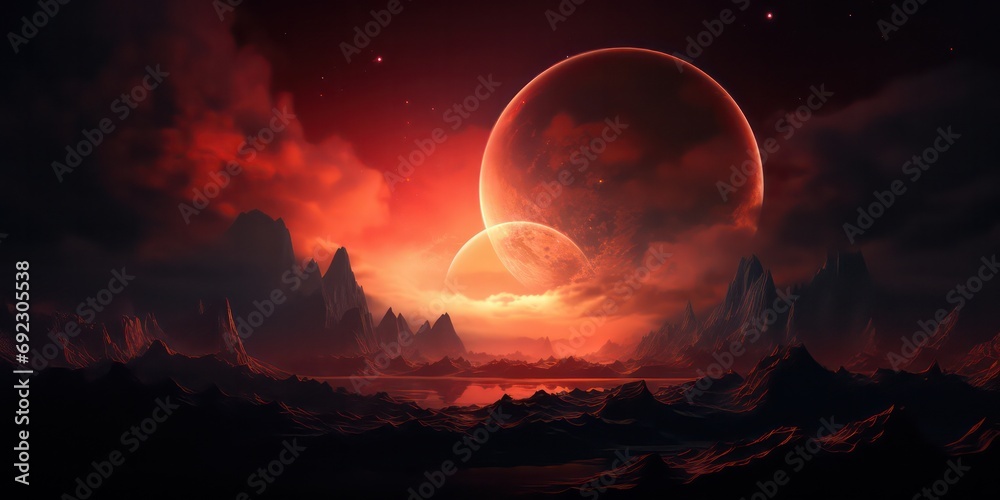 Experience a moon eclipse as the planet turns a red blood hue, with clouds adding to the celestial drama.