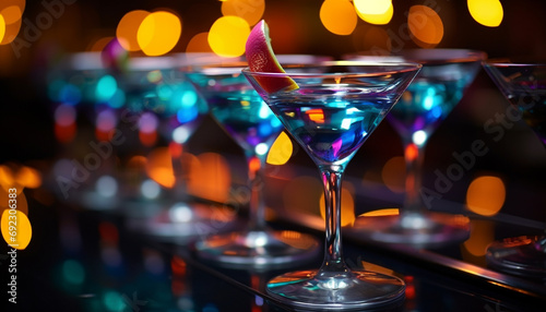 Nightclub celebration, martini glass illuminated, refreshing cocktail pouring generated by AI photo