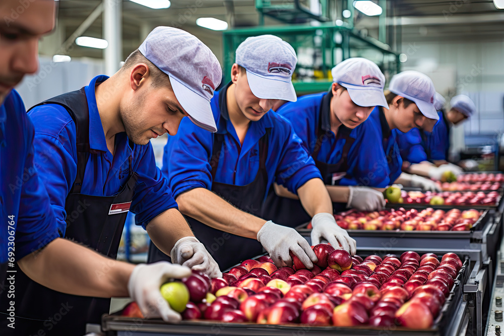 Employees perform quality control of fresh apples at the production site
