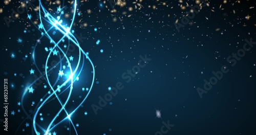 Animated bright background with lights. Blue abstract background with gold particles.