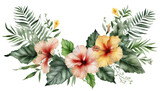 Watercolor frame with realistic colorful hibiscus and green leaves. Trendy tropical flowers isolated on white backgr