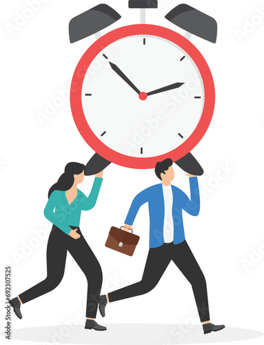 Team with effective time management, collaboration to prioritize tasks, set clear deadlines, and maximize productivity concept, Colleagues running together with holding timer clock.

