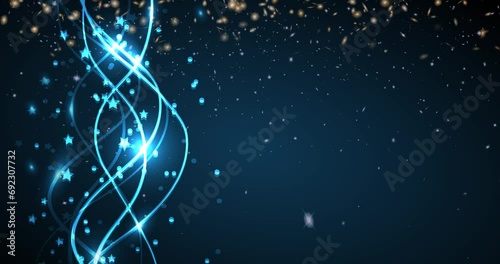 Animated bright background with lights. Blue abstract background with gold particles.
