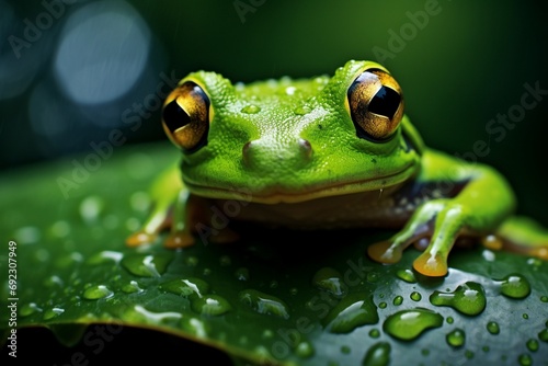 Retrato de Rana Verde en Hoja con Gotas de Rocío