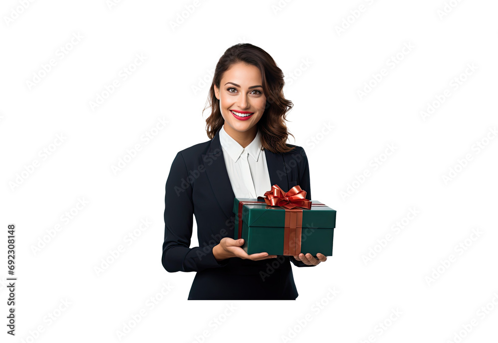 Businesswoman receives New Year's Day gift, smile, closeup, sharp, full body. No shadows, Businesswoman receives New Year's Day gift, smile, closeup, sharp, full body. No shadows,