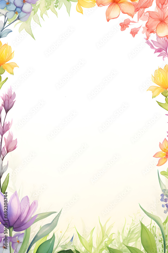 watercolour style Empty page template, spring flowers on the border of the page all around