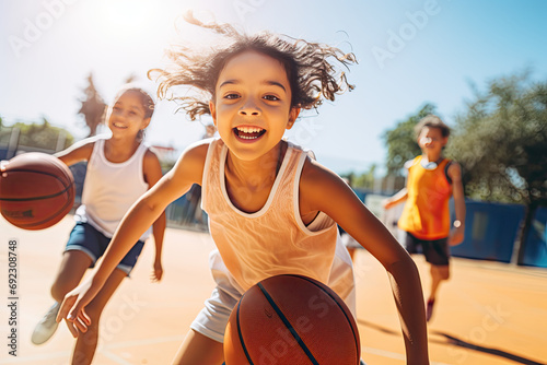kids playing basketball and looking at the camera at the sports field on a sunny day