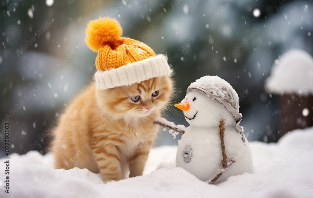 Cute little kitten playing with snowman on winter day outdoors. Cute little kitten playing with snowman on winter day outdoors.