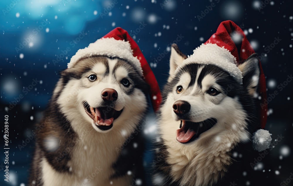 Cute siberian husky dogs with santa hat on snowy background