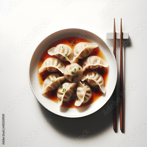 Xiao long bao dumpling with sauce and chopstick on a white plate in white background photo